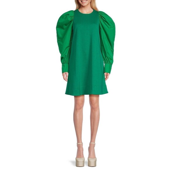 AREA STARS Puff Sleeve A-Line Mini Dress M Green Mix Media Party NWT B43 - Picture 1 of 6